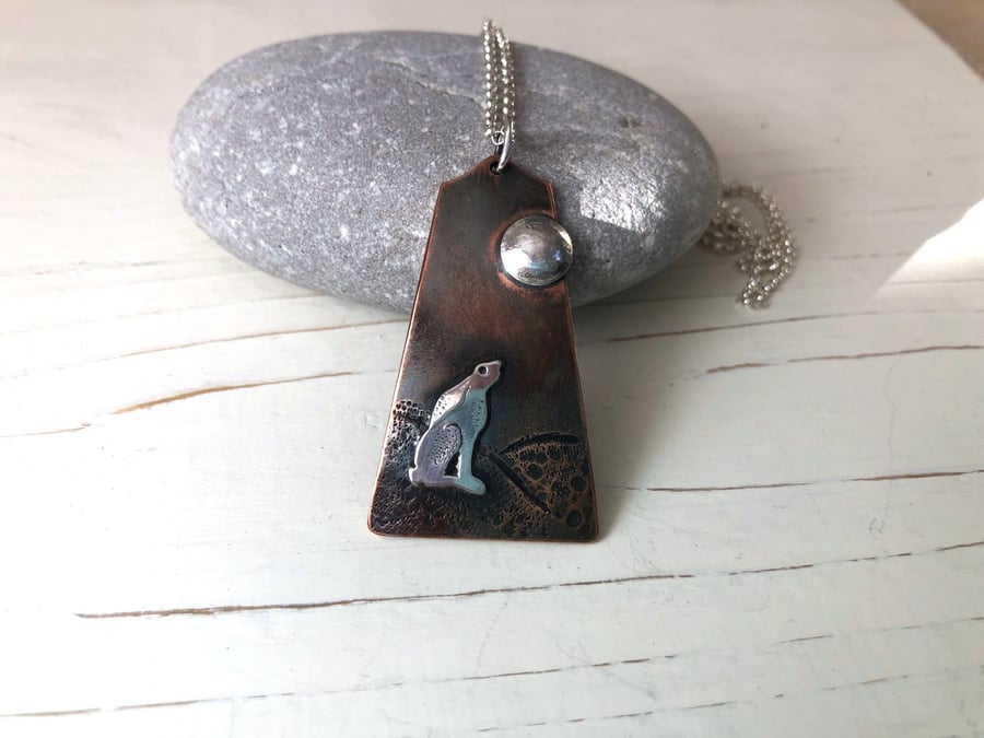 Hare and Moon Pendant in Copper and Silver