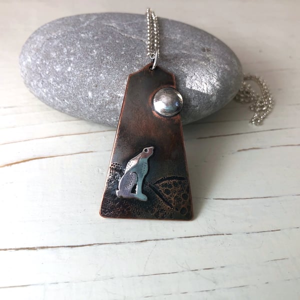 Hare and Moon Pendant in Copper and Silver