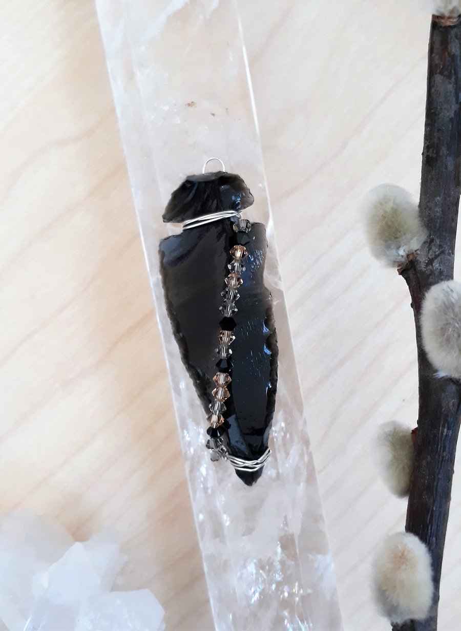 Obsidian Arrowhead Pendant Wire Wrapped with Swarovski Crystals