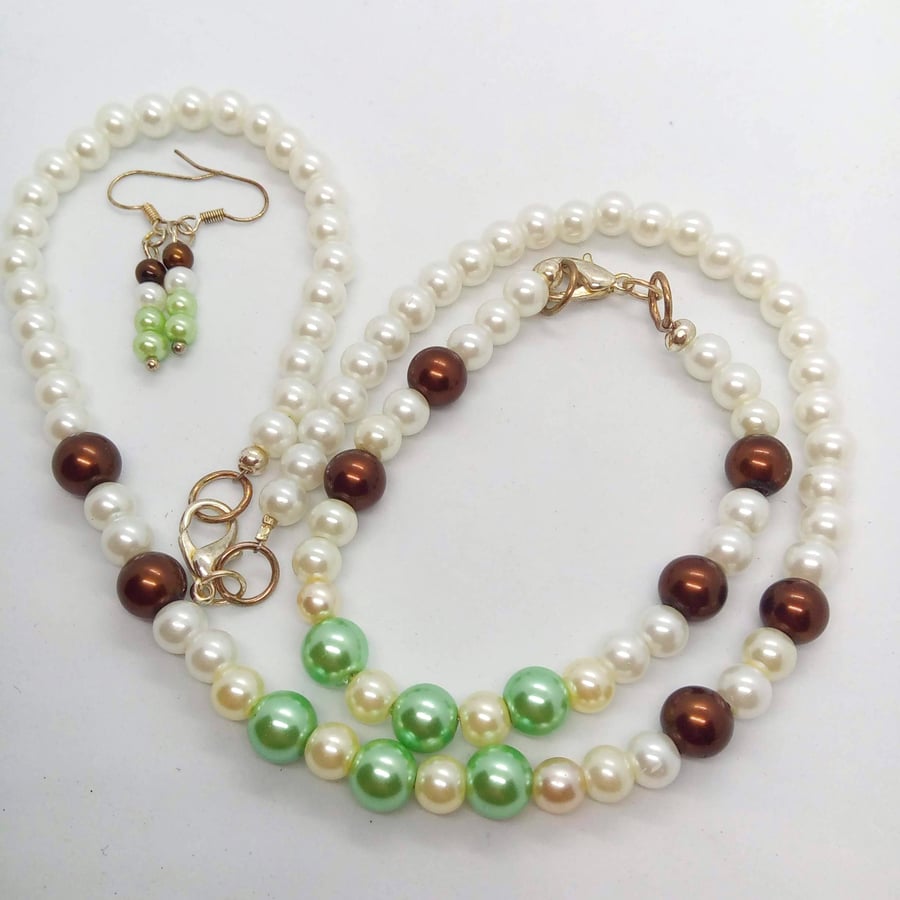 Green Brown & White Pearl Jewellery Set, Christmas Gift for Her
