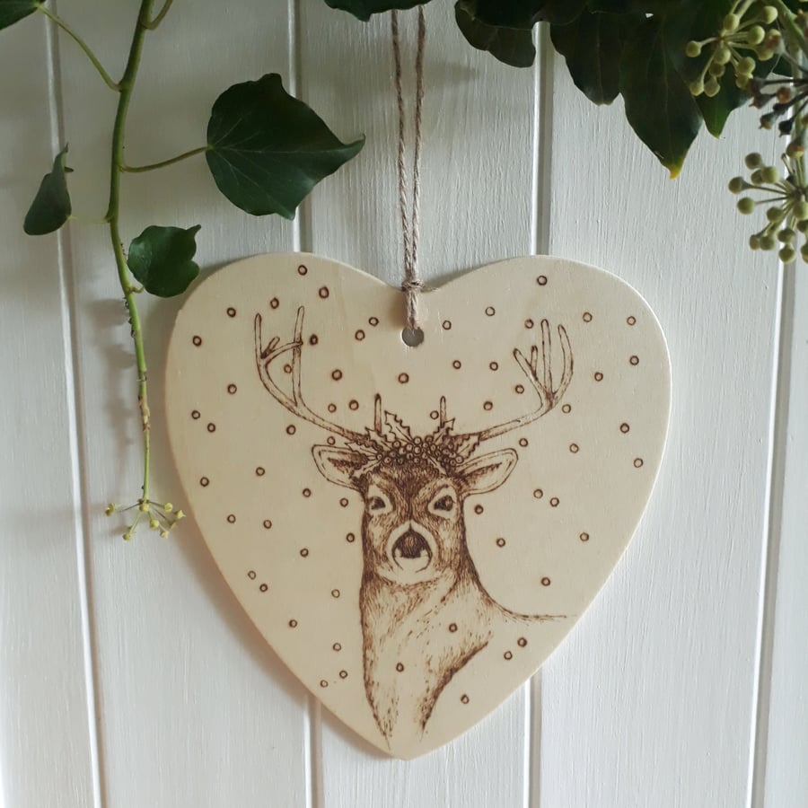 Festive red deer pyrography wooden heart hanging decoration