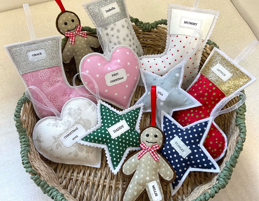 Christmas Decorations - Personalised - Stocking, Star, Heart, Gingerbread