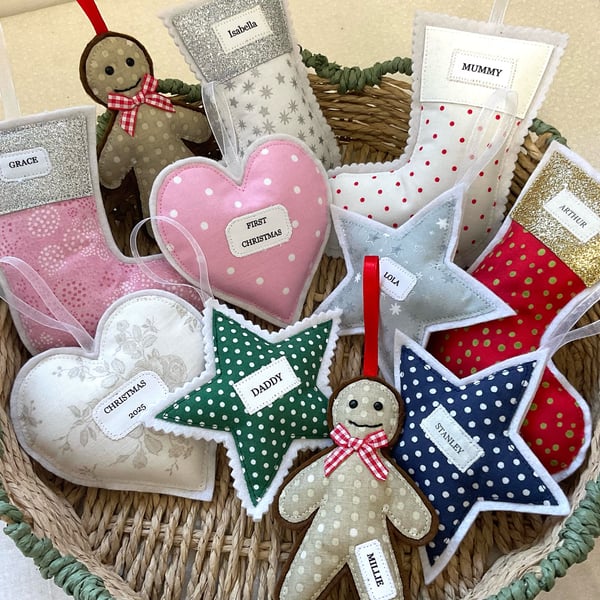 Christmas Decorations - Personalised - Stocking, Star, Heart, Gingerbread