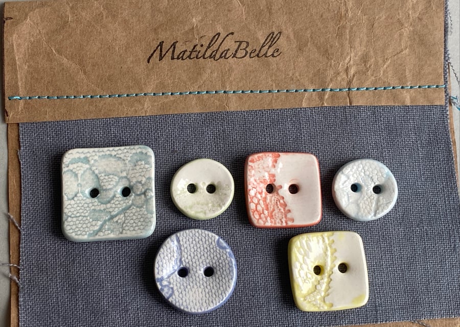 Buttons handmade Mixed set of Six ceramic pastel buttons