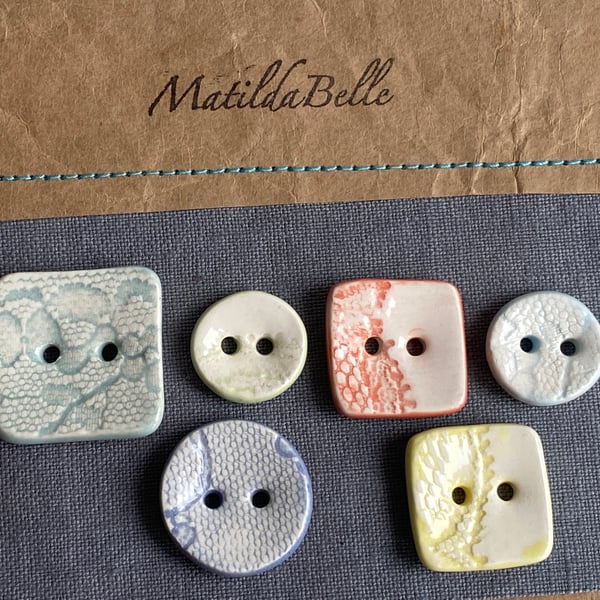 Buttons handmade Mixed set of Six ceramic pastel buttons