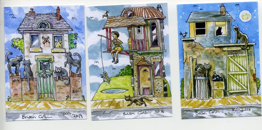 ACEO PRINTS x 3, Crazy Street Series,from Pen & watercolour originals set005