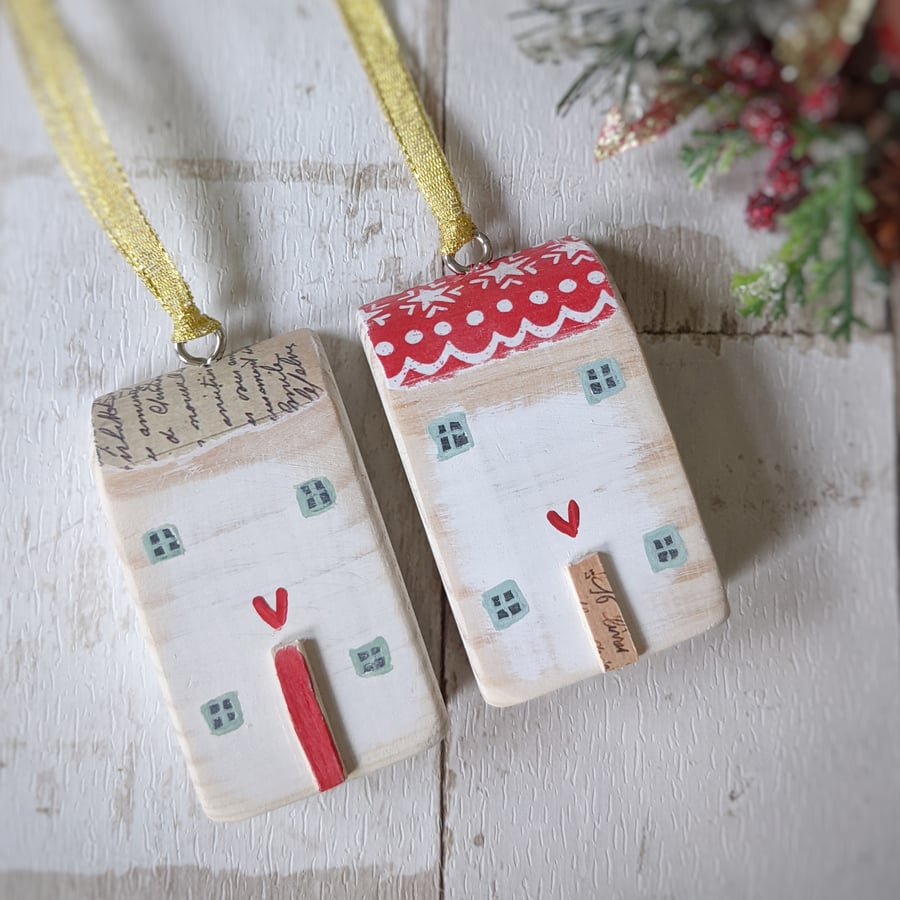 Set of 2 Wooden Christmas House Hanging Decorations