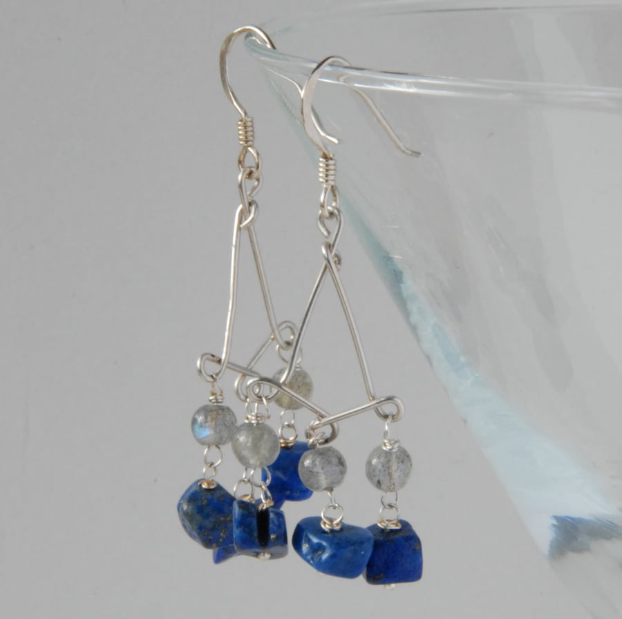 Sterling silver lapis and labradorite chandelier earrings
