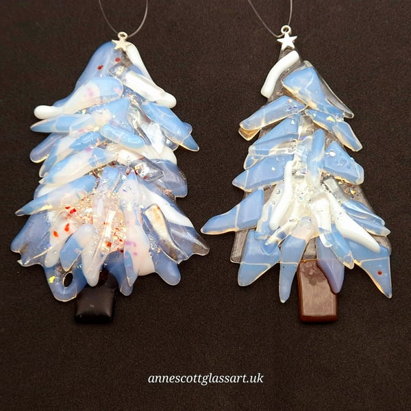 Handmade Fused Glass 3D Christmas Tree, decoration White, Opaline. Brown