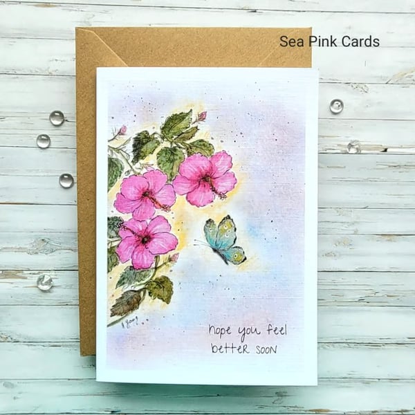 Get Well Card - flowers, butterfly, original art card, feel better soon