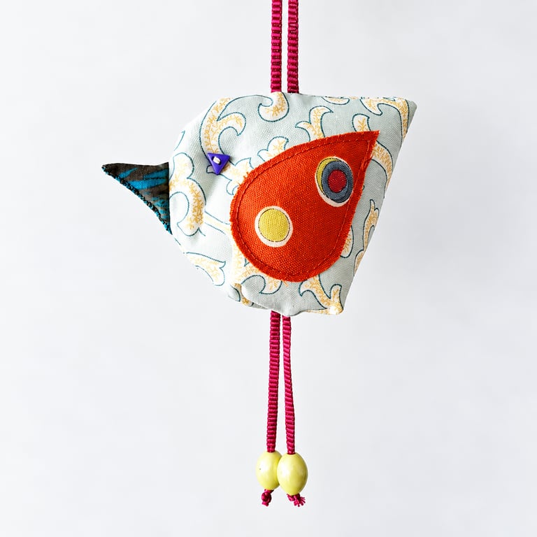 Mint Green and Orange Hanging Fabric Bird Ornament - Textile Bird Decoration