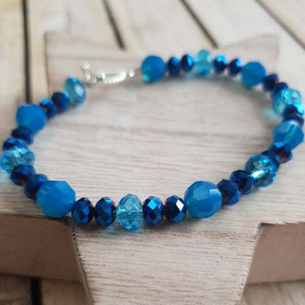 Beaded Bracelet - Metallic Blue Mix Swarovski Crystal & Faceted Bead