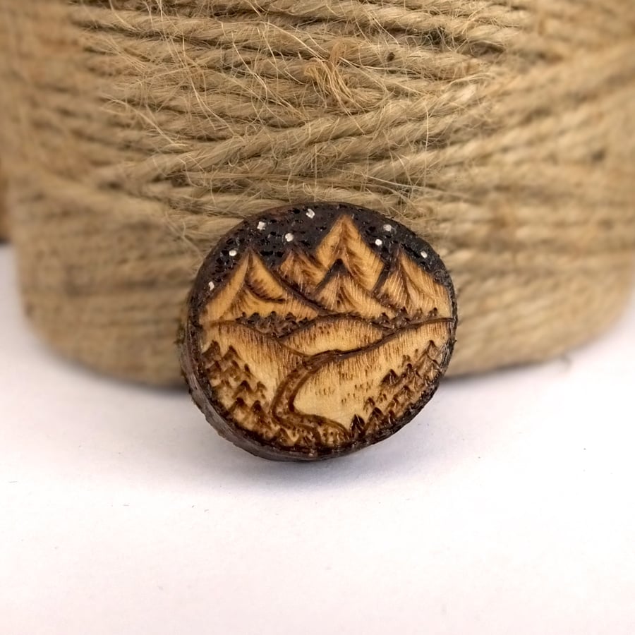 Night in the mountains, wooden tree slice pyrography brooch. Rustic branch pin.