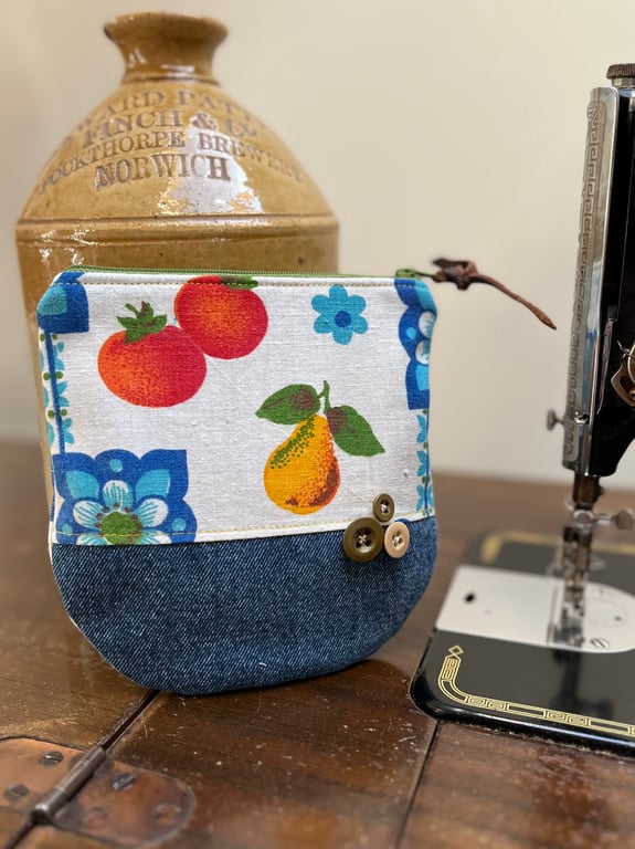 Vintage fruit and vegetables and reclaimed denim zip pouch with curved bottom