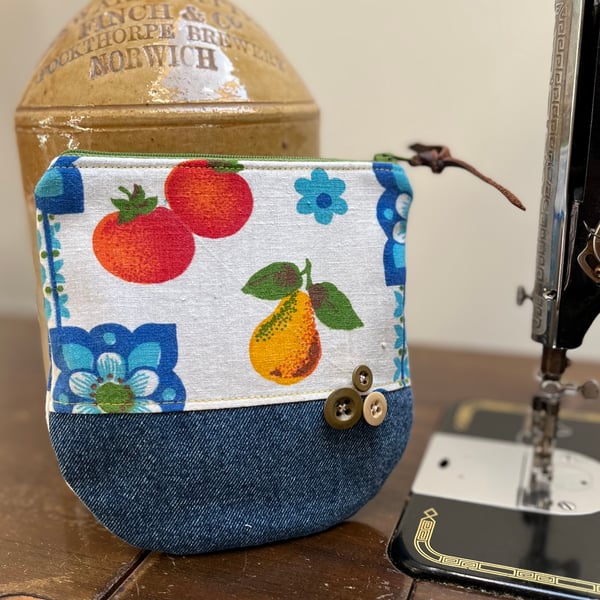 Vintage fruit and vegetables and reclaimed denim zip pouch with curved bottom