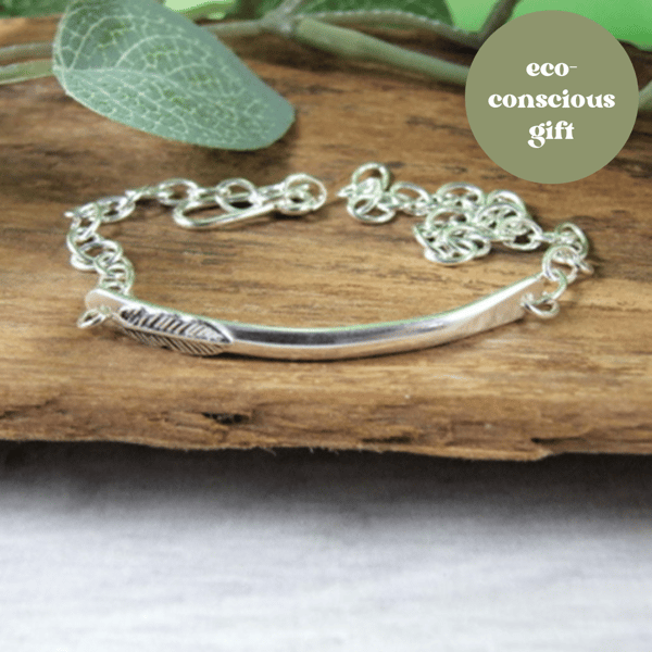 Sterling Silver Bar Bracelet with Feather Design