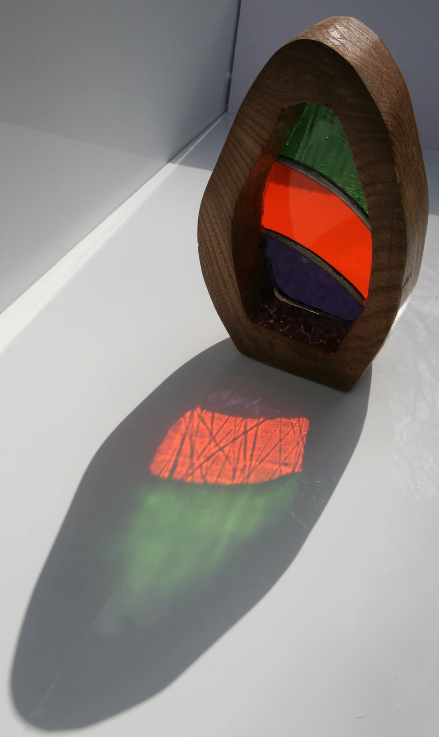 Handmade stained glass window sill sun catcher with wood surround