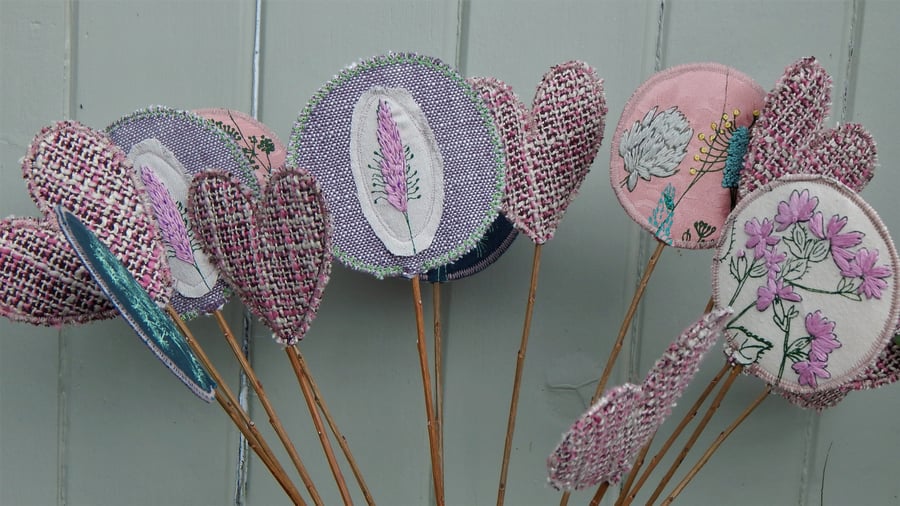 Wild flowers and pink hearts - Screen printed fabric and willow flowers