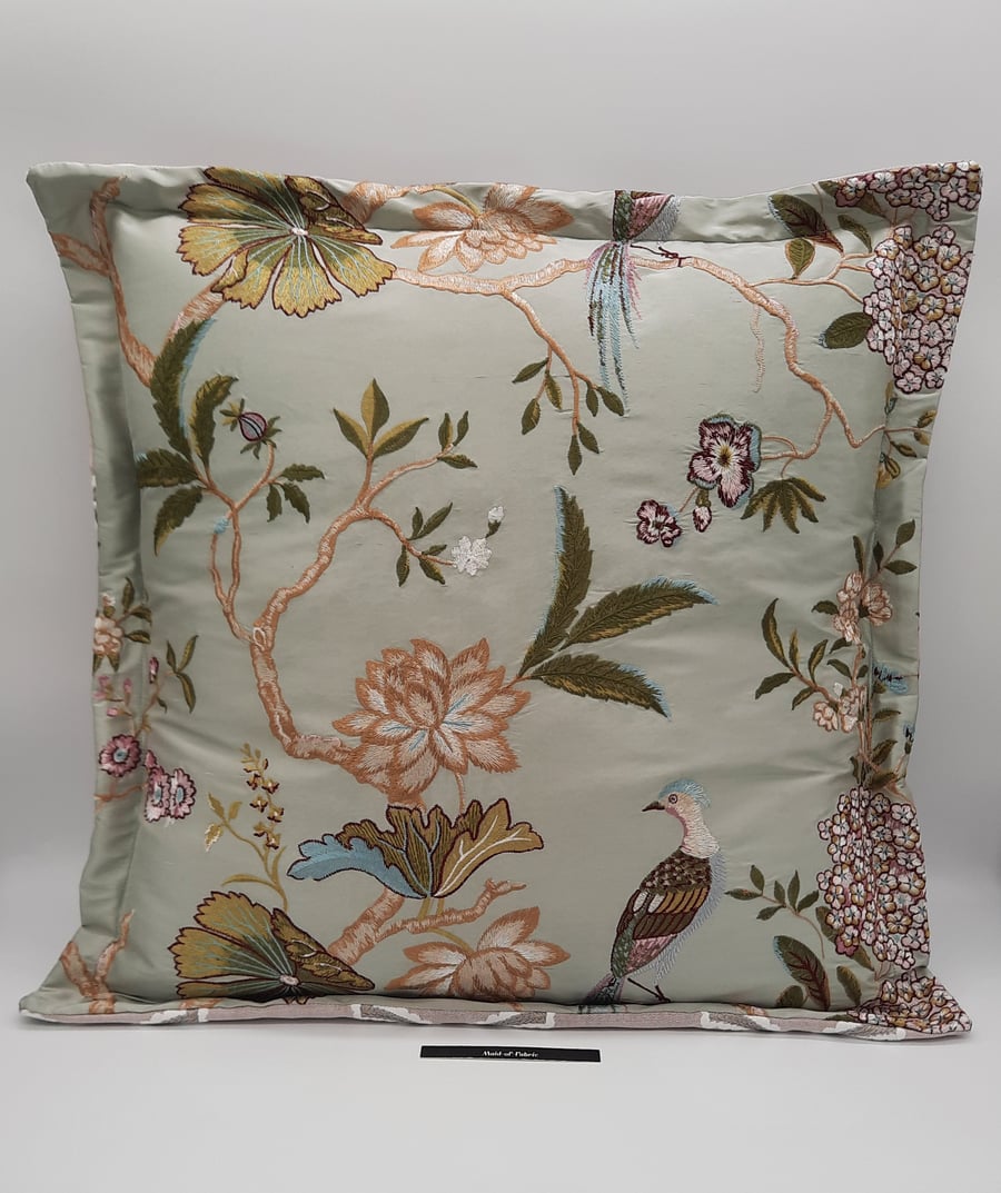 Green floral embroidered flange cushion 16"