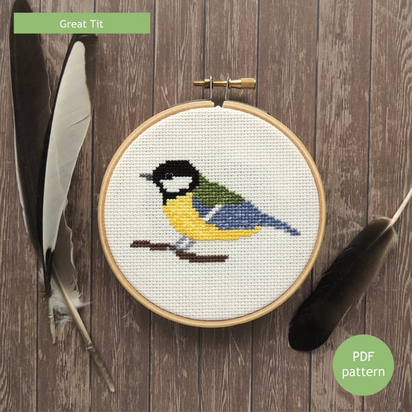 Cross stitch bird pattern - Great Tit - PDF printable - cross stitch chart PDF