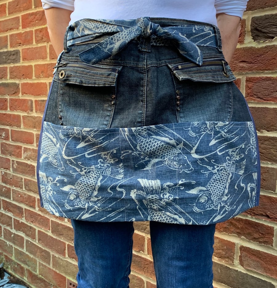 Tool belt apron from recycled denim skirt