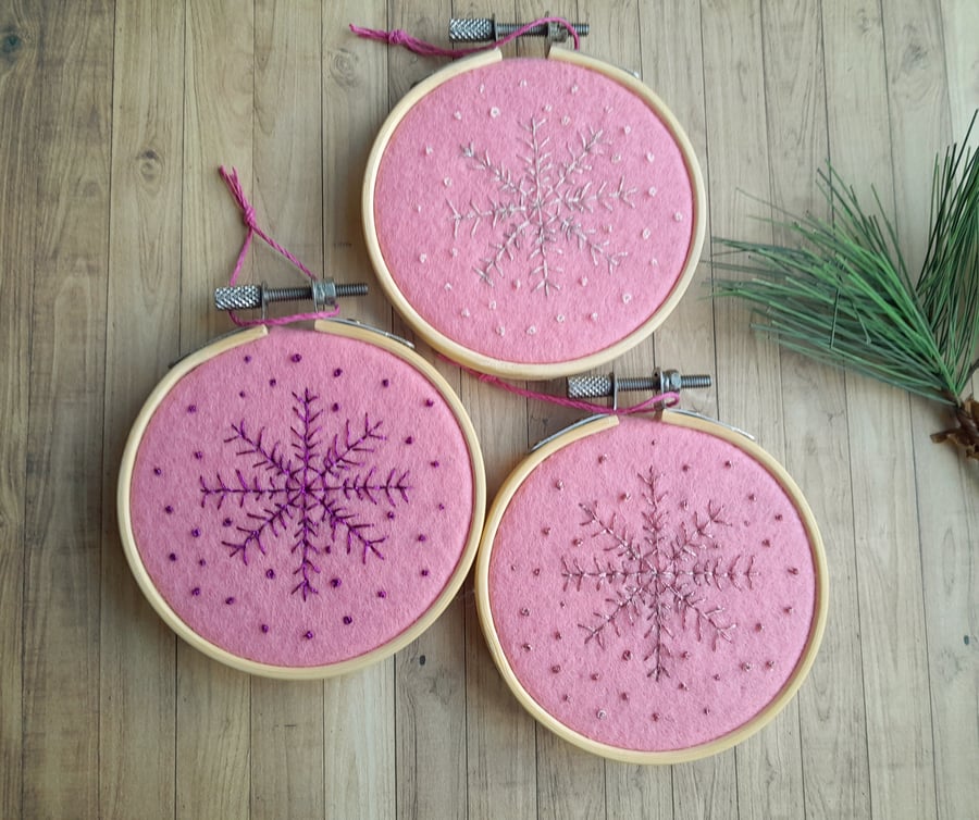Three Hand Embroidered Metallic Snowflake Hanging Decorations 
