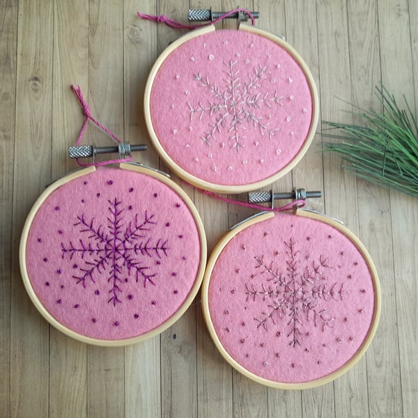 Three Hand Embroidered Metallic Snowflake Hanging Decorations 