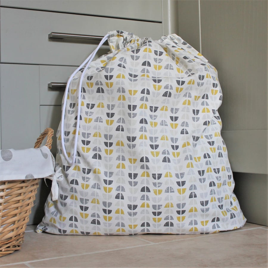 Fabric Laundry Bag in Yellow and Grey Geometric Print