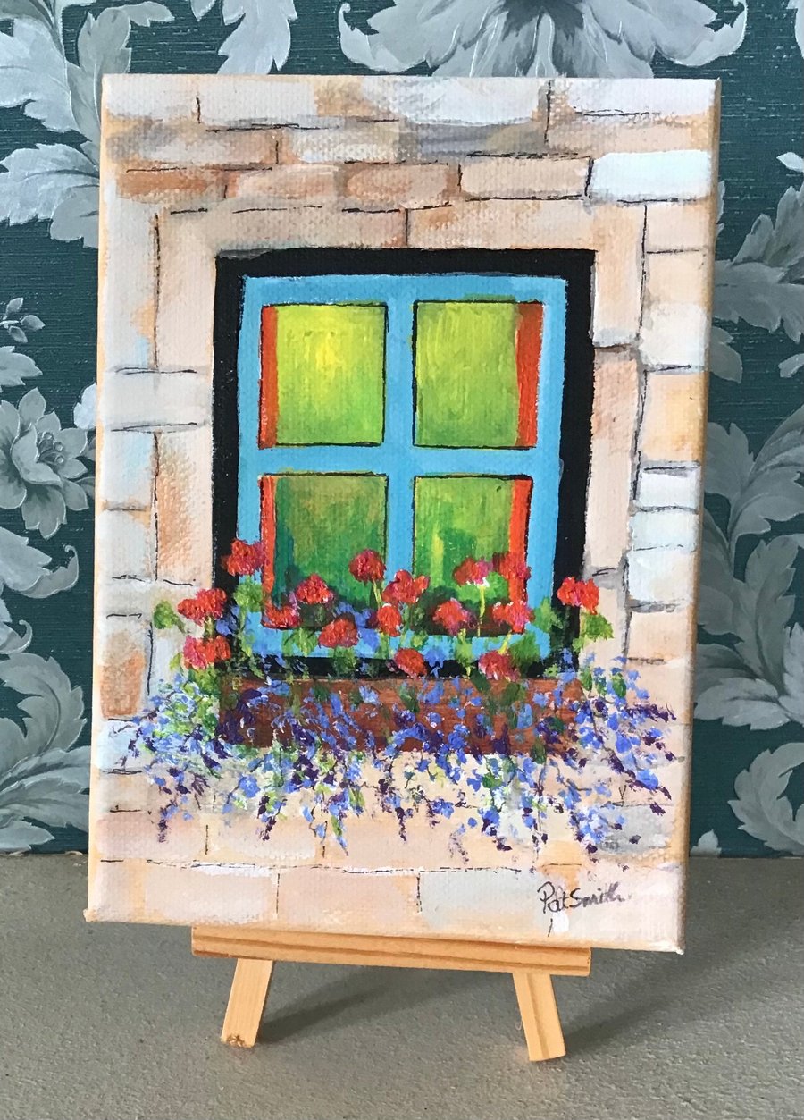 Small acrylic painting, Geranium window Box, 7”x 5”,  on canvas