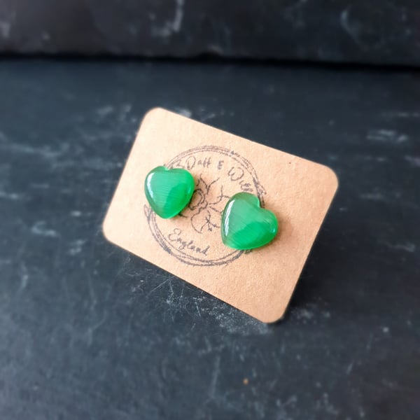 Glass heart shaped stud earrings. Sea Green.