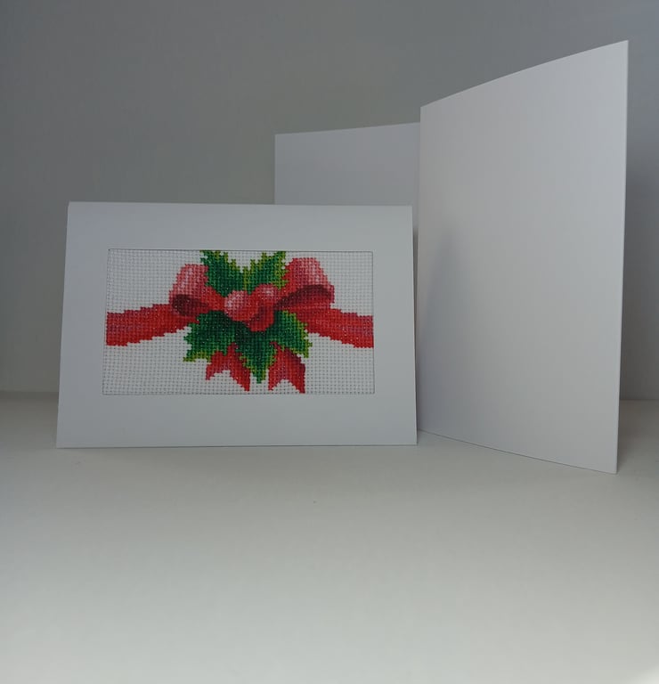 Traditional Hand Stitched Holly and Red Ribbon Christmas Card