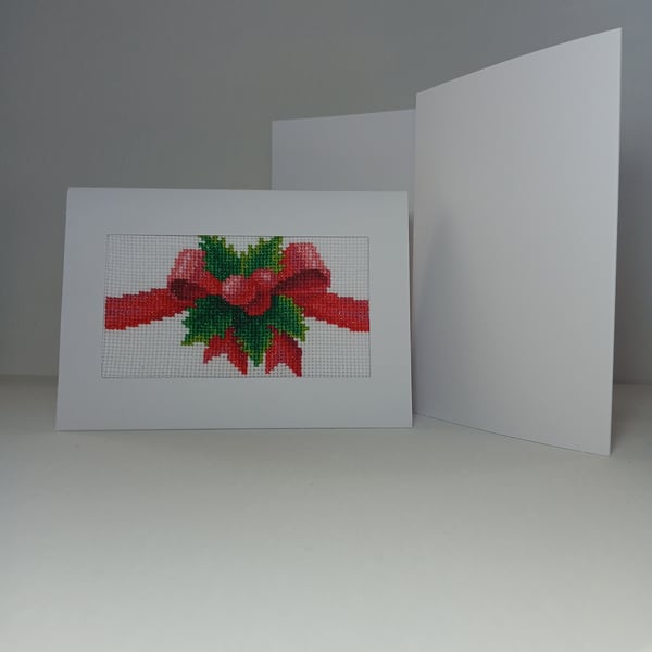 Traditional Hand Stitched Holly and Red Ribbon Christmas Card