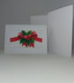 Traditional Hand Stitched Holly and Red Ribbon Christmas Card