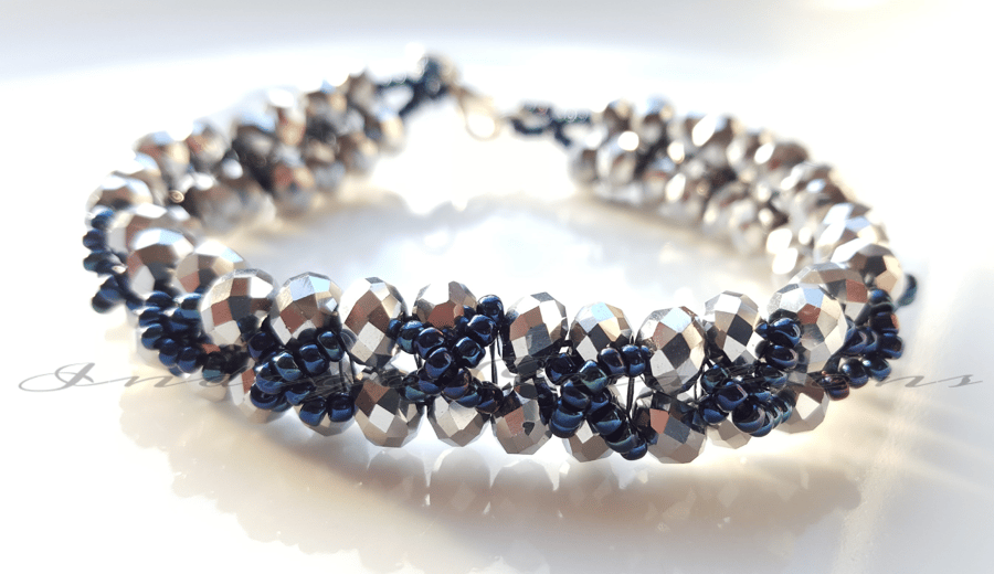 Bracelet Silver Crystal Faceted And Seed Bead Bracelet
