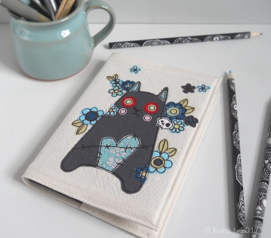 freehand embroidered zombie cat notebook - black cat