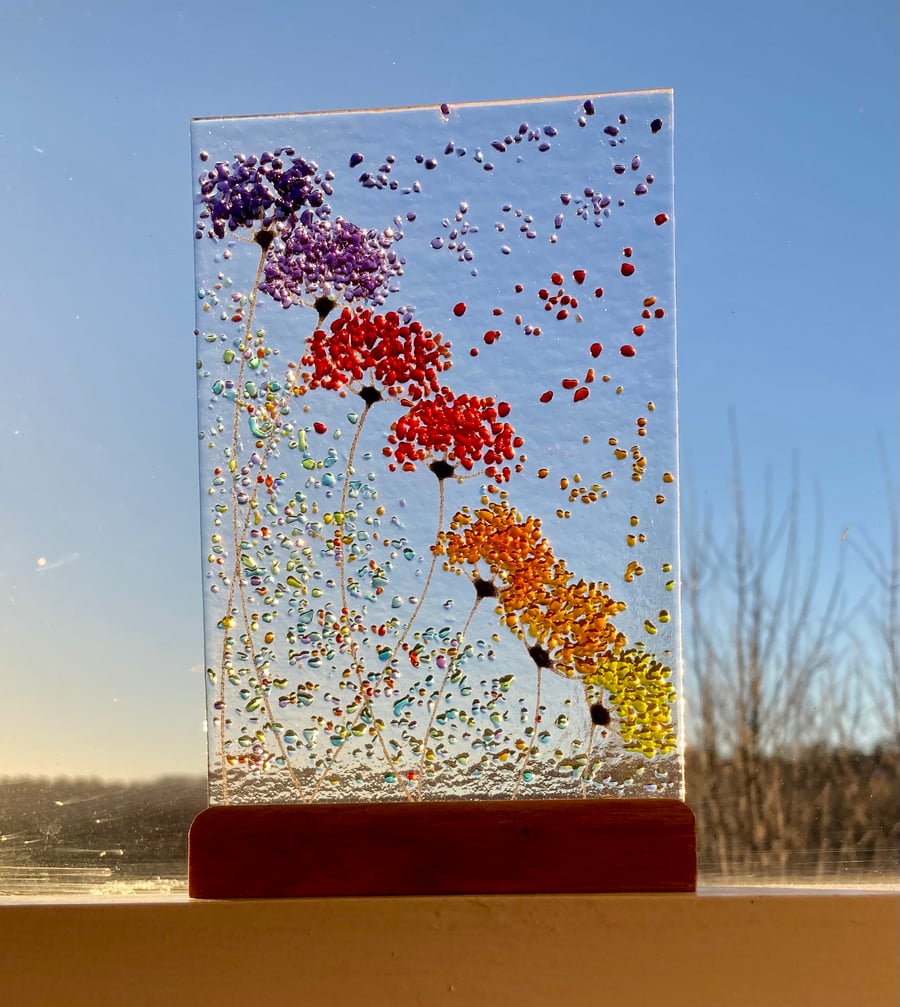Whimsical Bright Sunset Flowers fused glass Art Picture & Wooden stand