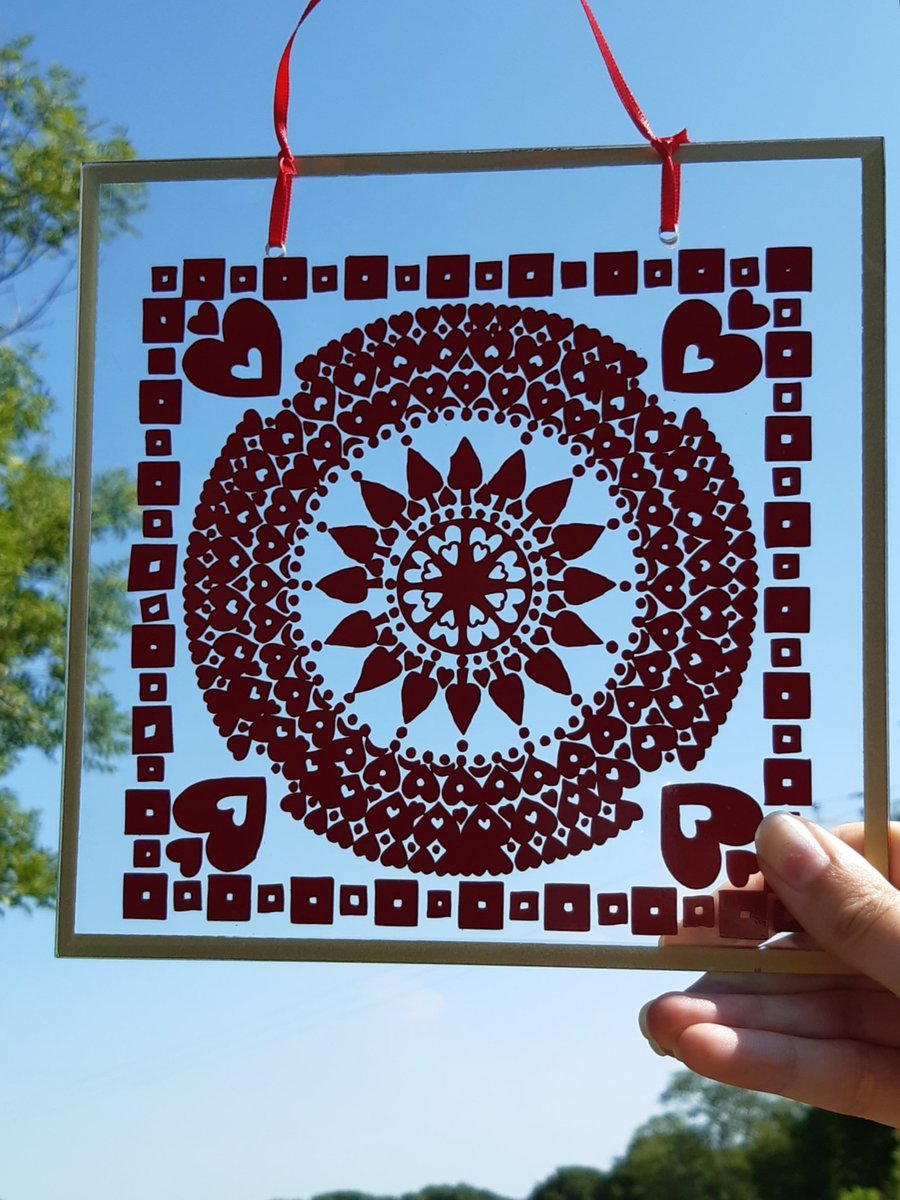 Heart Mandala Glass Plaque, suncatcher