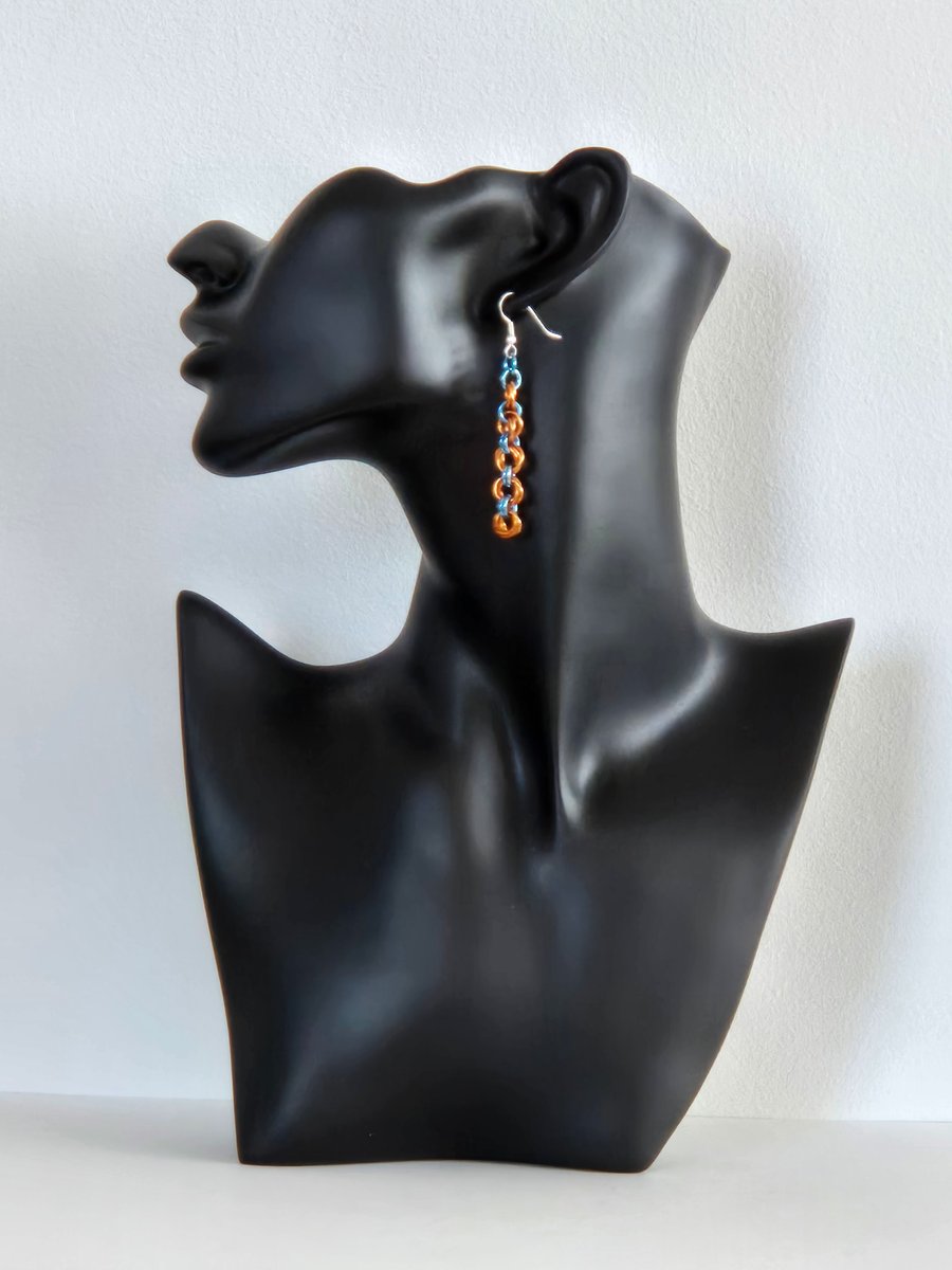 Handcrafted orange and turquoise chainmaille dangle earrings