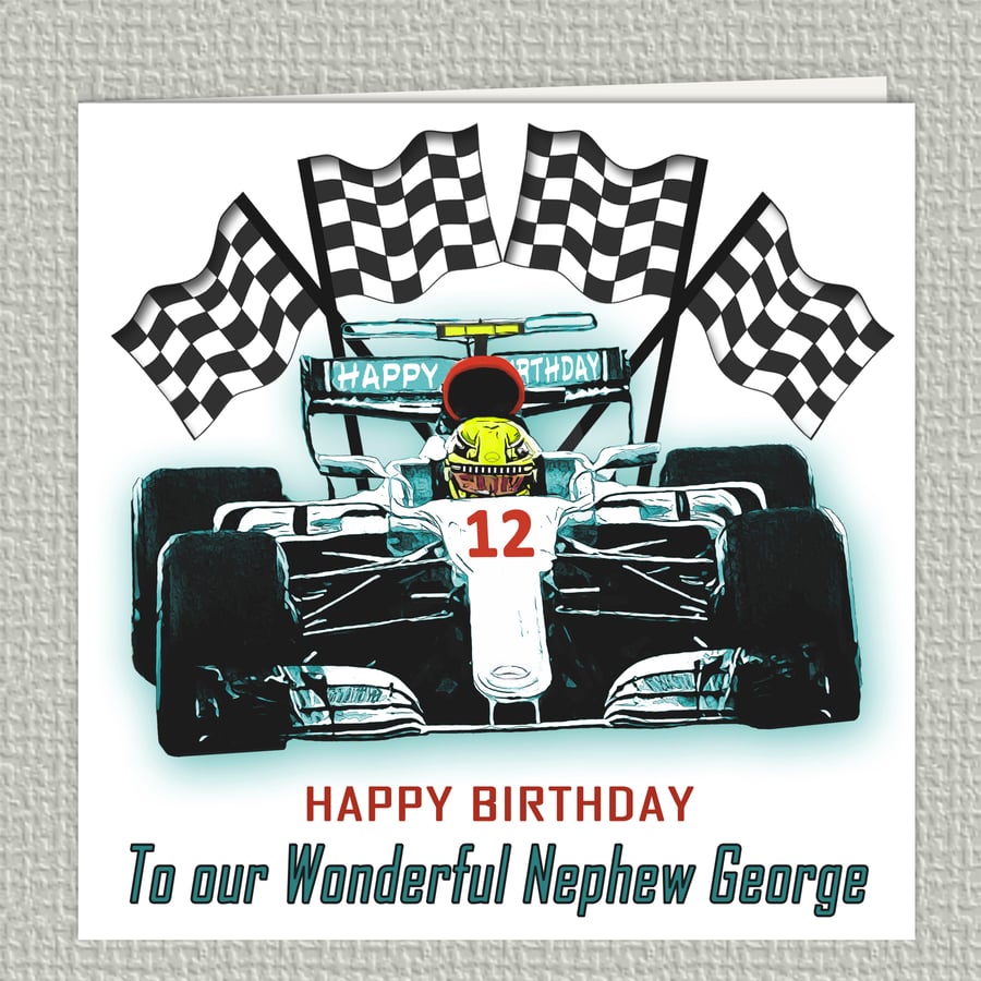 F1 Birthday Card, Any Age, 148mm square, handmade