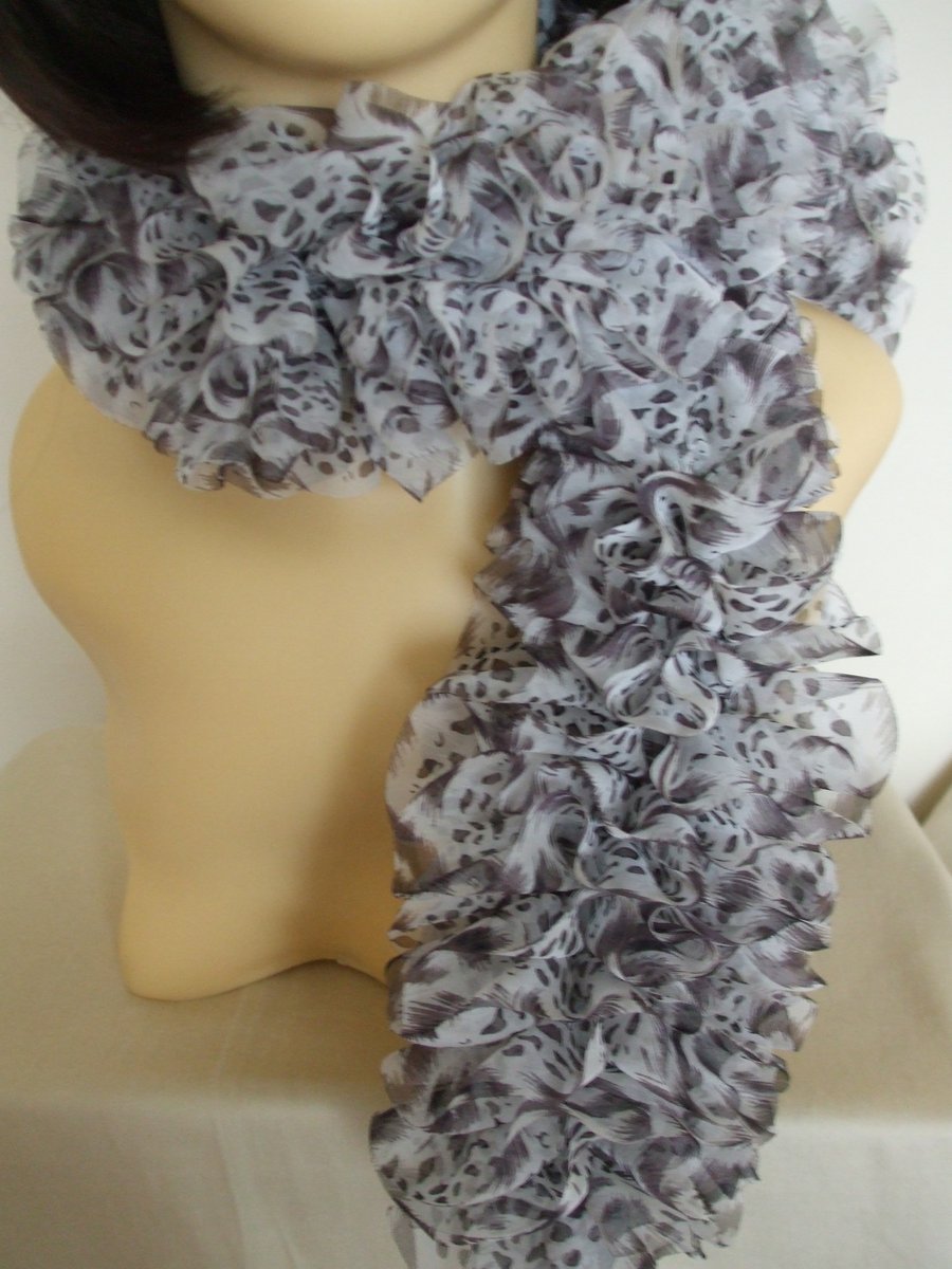 Knitted Frilly Ribbon Scarf in Brown & White Ocelot Print