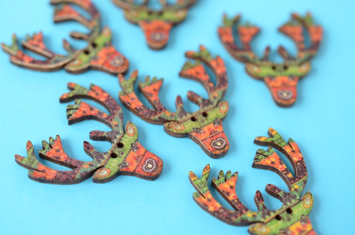 Wooden Stag Buttons Green Orange 6pk 30x30mm Deer Antlers (STG4)