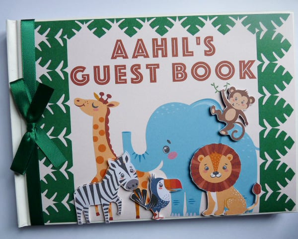 Safar birthday guest book, zebra, elephant, lion, safari birthday gift