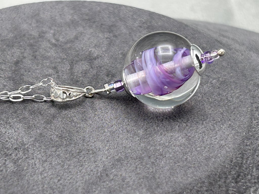 purple and clear swirly glass ball shaped lampwork glass pendant necklace