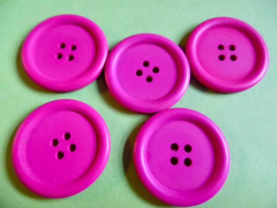 5 x 40mm Bright Fuchsia  Wood Buttons 4 holes