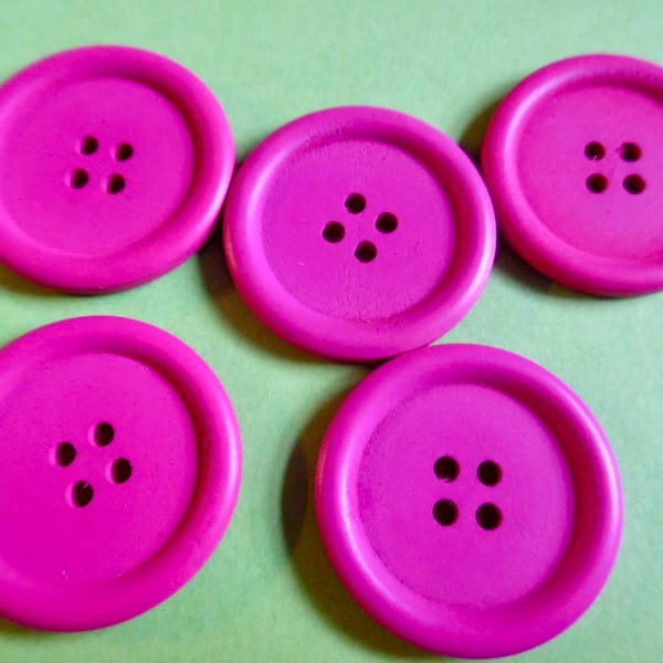 5 x 40mm Bright Fuchsia  Wood Buttons 4 holes