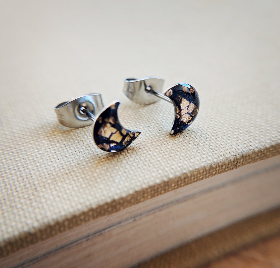 Dainty navy blue and gold crescent moon studs