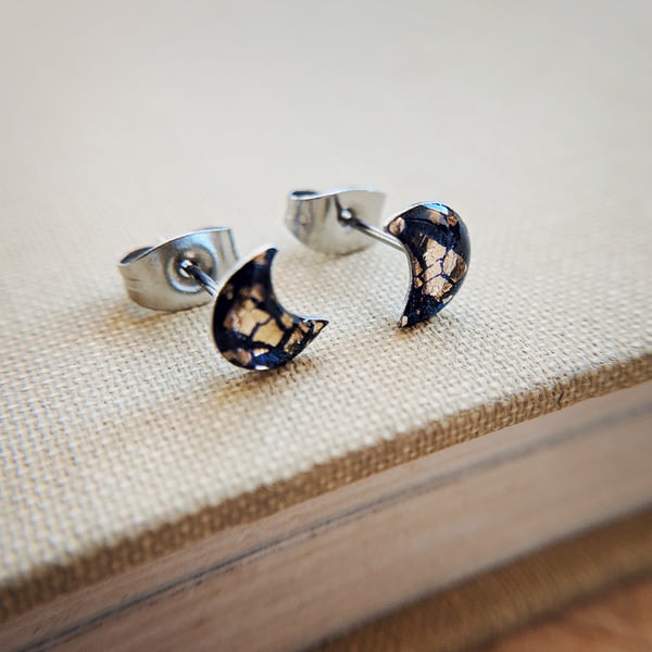 Dainty navy blue and gold crescent moon studs