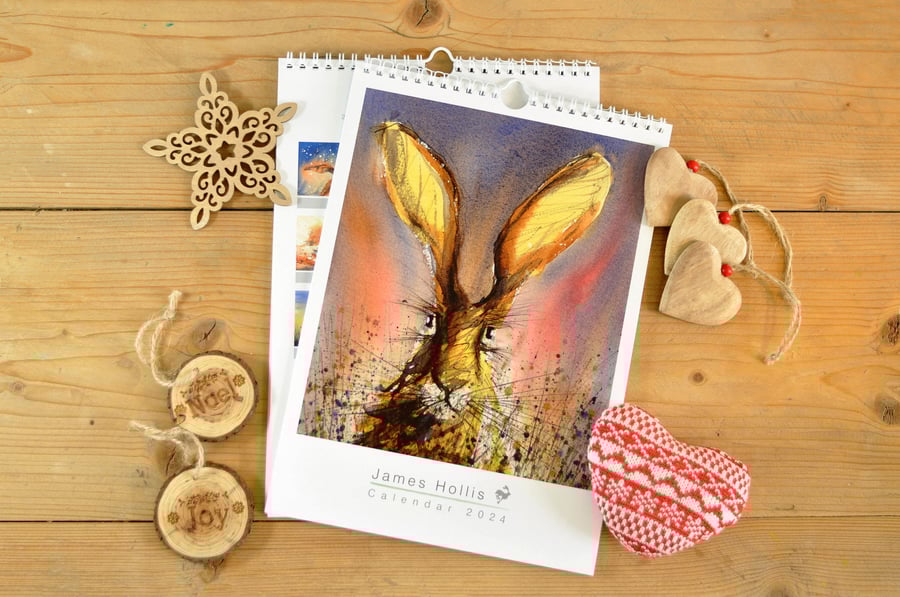 Hare calendar for 2024 with hare paintings wall planner A4 size