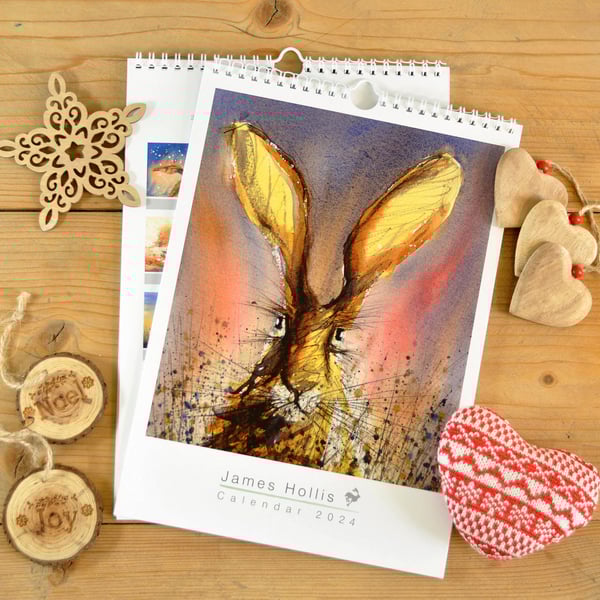 Hare calendar for 2024 with hare paintings wall planner A4 size