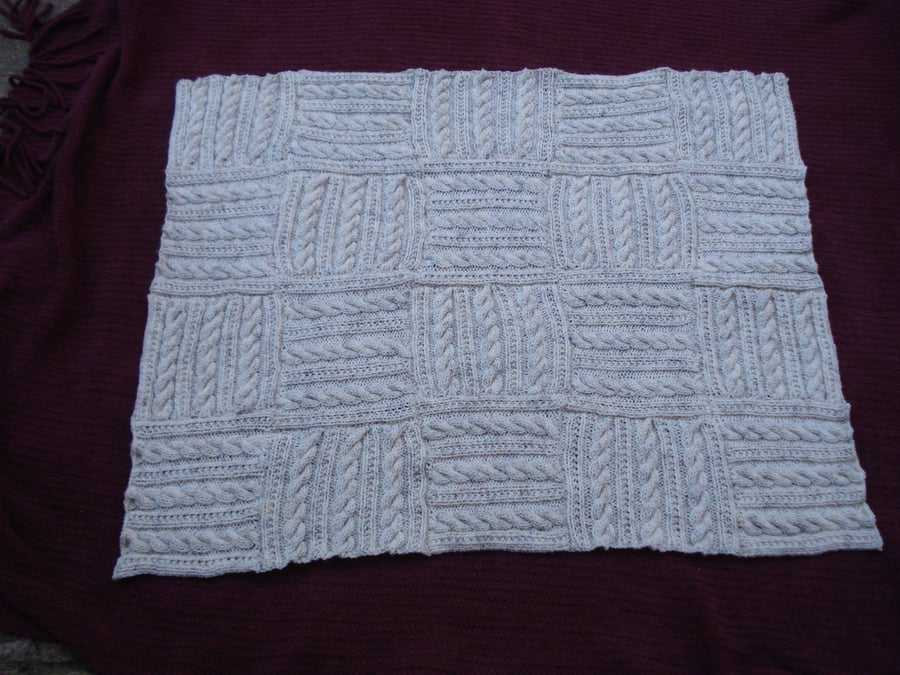 Blanket Knitted In Squares Cream Aran Yarn with Brown and Black Flecks (R15)